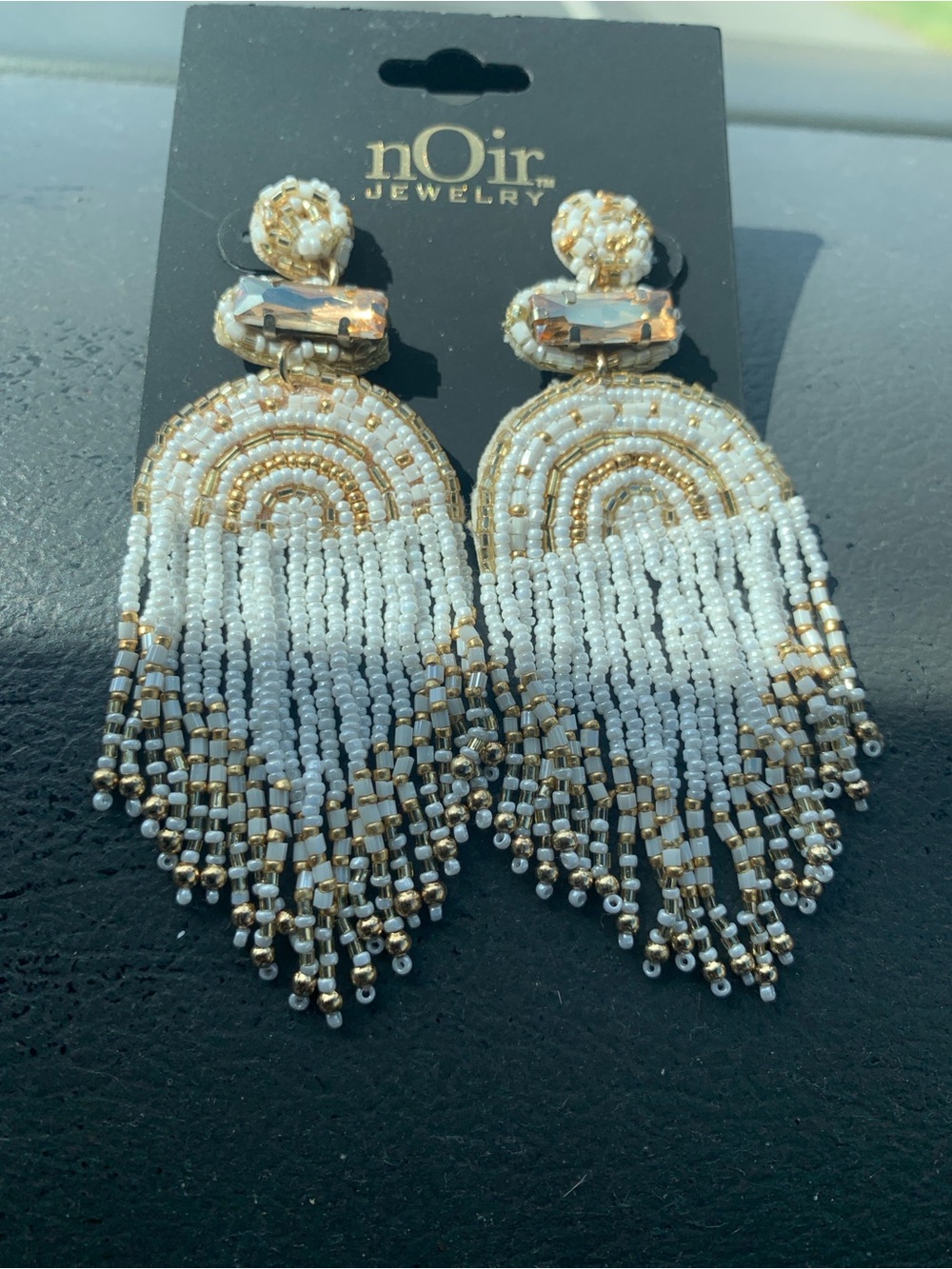 nOir Jewelry White and Gold Beaded Fringe Statement Earrings
